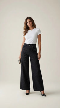 Blugi de damă negri cu strasuri argintii, pantaloni wide leg stil palazzo cu cristale aplicate, talie înaltă pentru ocazii speciale și party | Mira Style