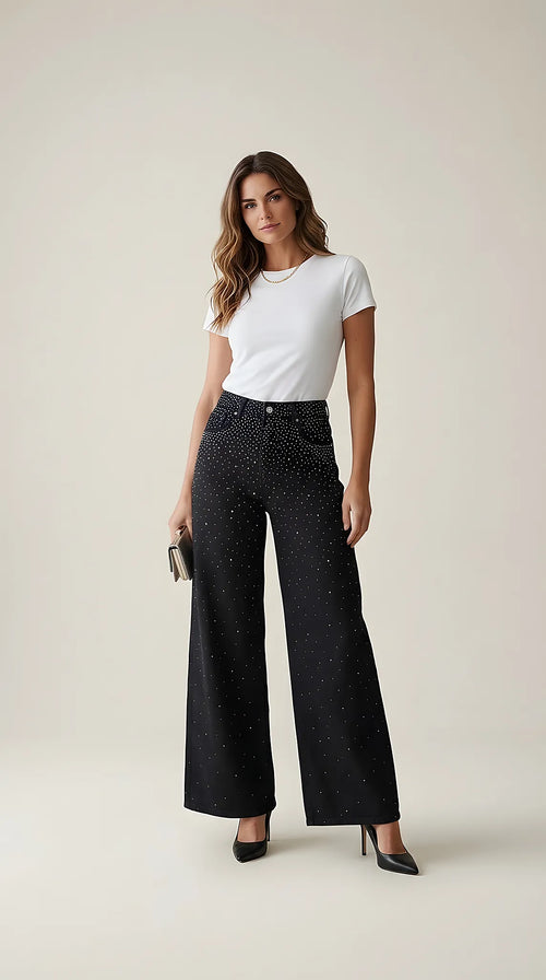 Blugi de damă negri cu strasuri argintii, pantaloni wide leg stil palazzo cu cristale aplicate, talie înaltă pentru ocazii speciale și party