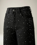 Blugi de damă negri cu strasuri argintii, pantaloni wide leg stil palazzo cu cristale aplicate, talie înaltă pentru ocazii speciale și party