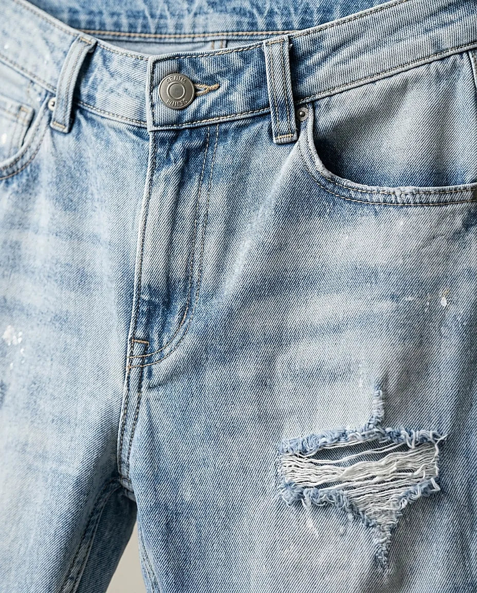 Blugi stil boyfriend cu talie medie, aspect prespălat și rupturi decorative, bleumarin deschis