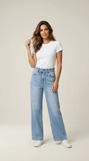 Blugi de damă wide leg cu talie elastică și cordon, din denim albastru deschis, stil casual