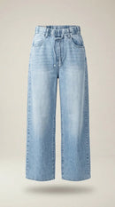 Blugi de damă wide leg cu talie elastică și cordon, din denim albastru deschis, stil casual
