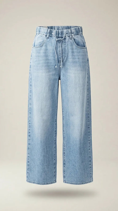 Blugi de damă wide leg cu talie elastică și cordon, din denim albastru deschis, stil casual