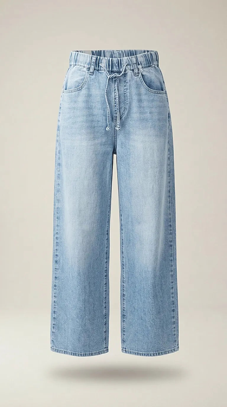 Blugi de damă wide leg cu talie elastică și cordon, din denim albastru deschis, stil casual