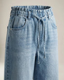 Blugi de damă wide leg cu talie elastică și cordon, din denim albastru deschis, stil casual