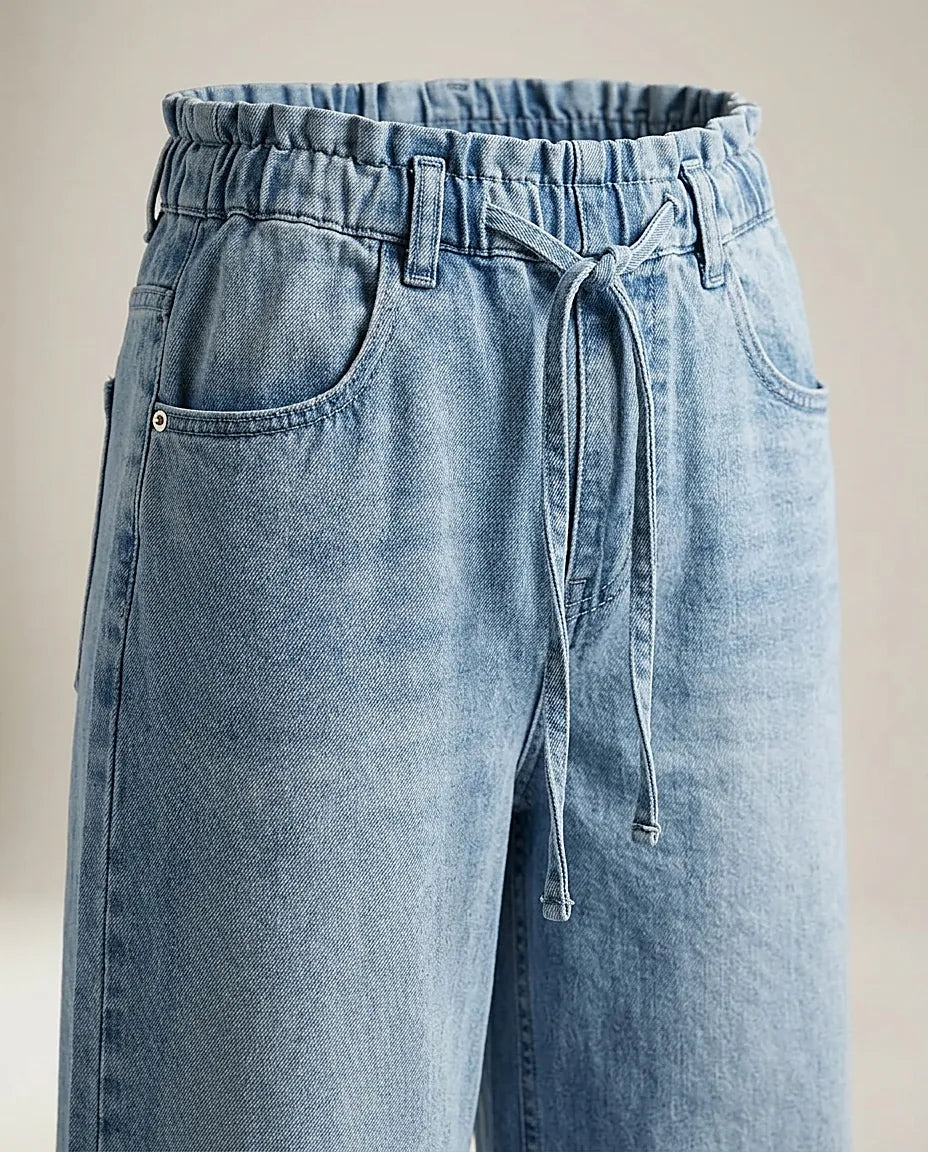 Blugi de damă wide leg cu talie elastică și cordon, din denim albastru deschis, stil casual