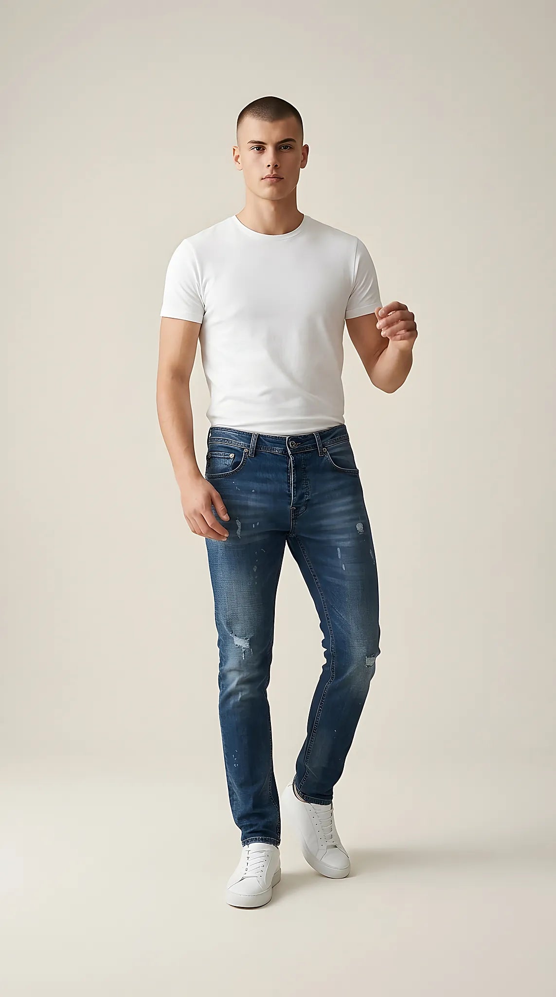 Blugi pentru bărbați albastru închis 'neco' cu aspect uzat și rupturi, model slim fit cu închidere la nasturi | Mira Style
