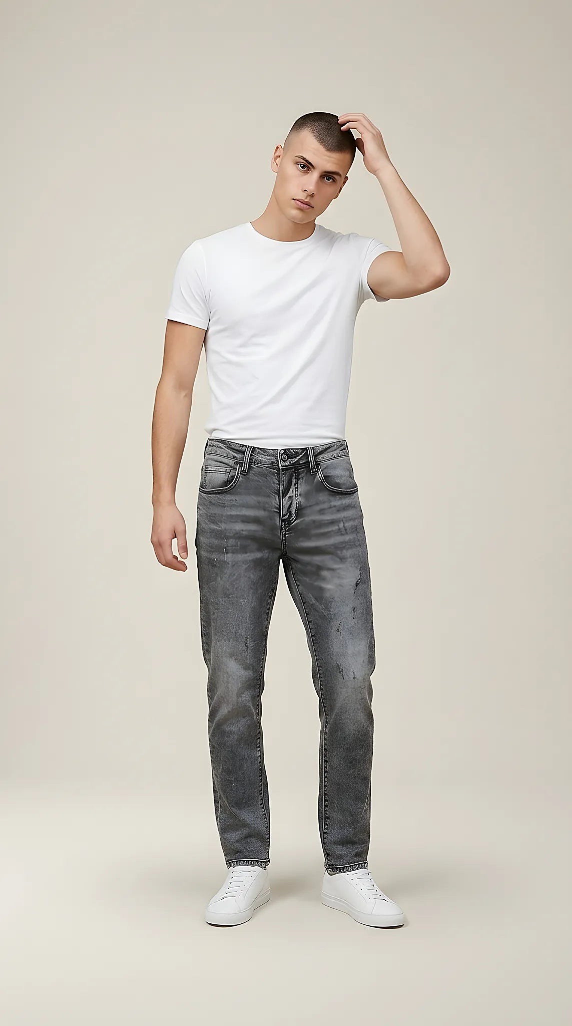 Blugi pentru bărbați gri , prespălați, stil modern casual, din bumbac confortabil | Mira Style