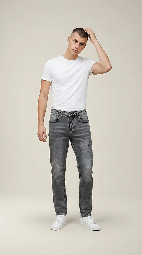 Blugi pentru bărbați gri, prespălați, stil modern casual, din bumbac confortabil