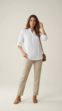 Bluză albă de damă tip cămașă cu guler tunică și mâneci 3/4 reglabile, stil casual-elegant | Mira Style