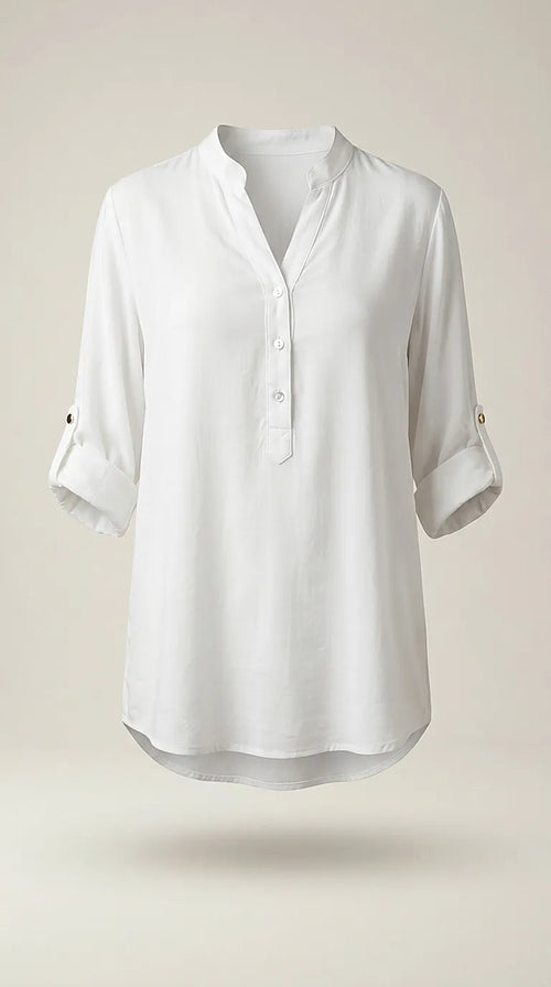 Bluză albă de damă tip cămașă cu guler tunică și mâneci 3/4 reglabile, stil casual-elegant