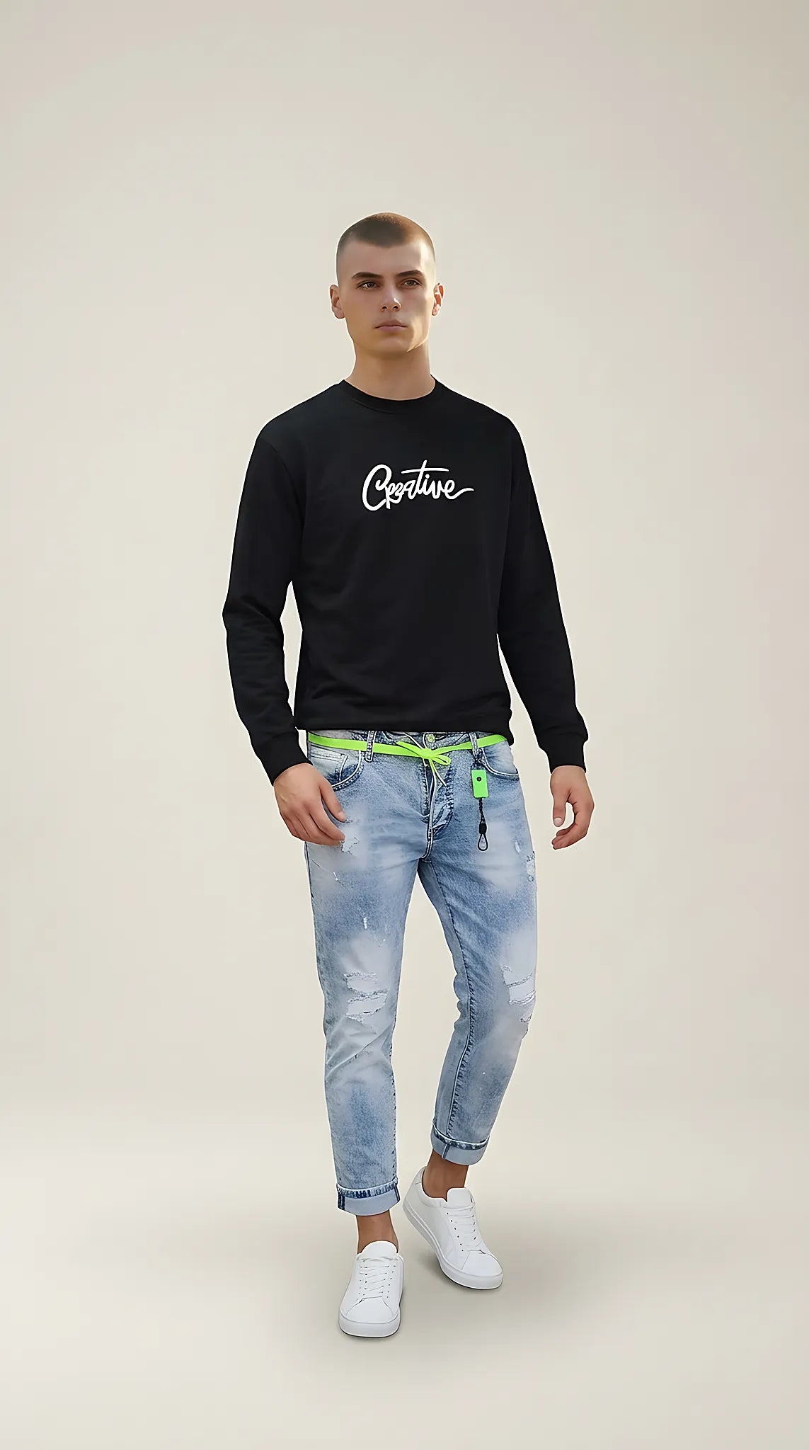 Bluză barbateasca neagră casual cu mânecă lungă si imprimeu text 'creative', ideala pentru tinute urbane si streetwear | Mira Style