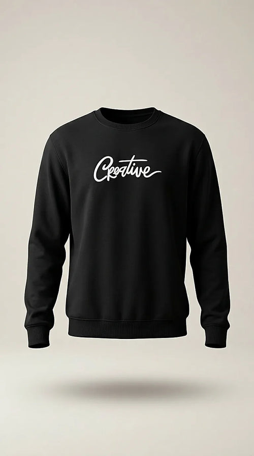 Bluză bărbătească neagră casual cu mânecă lungă și imprimeu text 'creative', ideală pentru ținute urbane și streetwear
