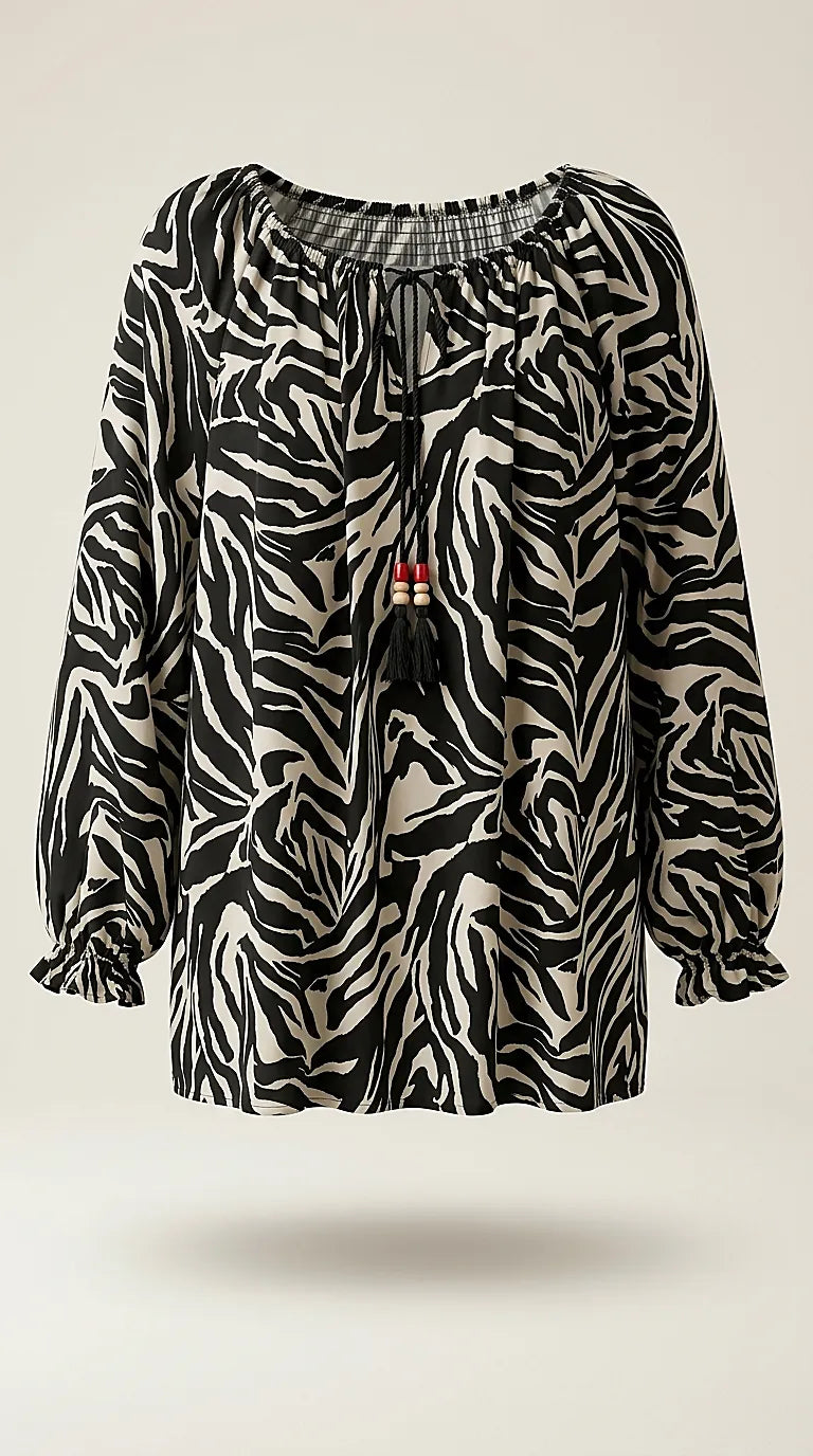 Bluză damă casual cu imprimeu zebra, mânecă lungă bufantă și decolteu elastic cu ciucuri