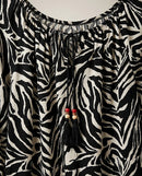 Bluză damă casual cu imprimeu zebra, mânecă lungă bufantă și decolteu elastic cu ciucuri