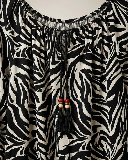 Bluză damă casual cu imprimeu zebra, mânecă lungă bufantă și decolteu elastic cu ciucuri