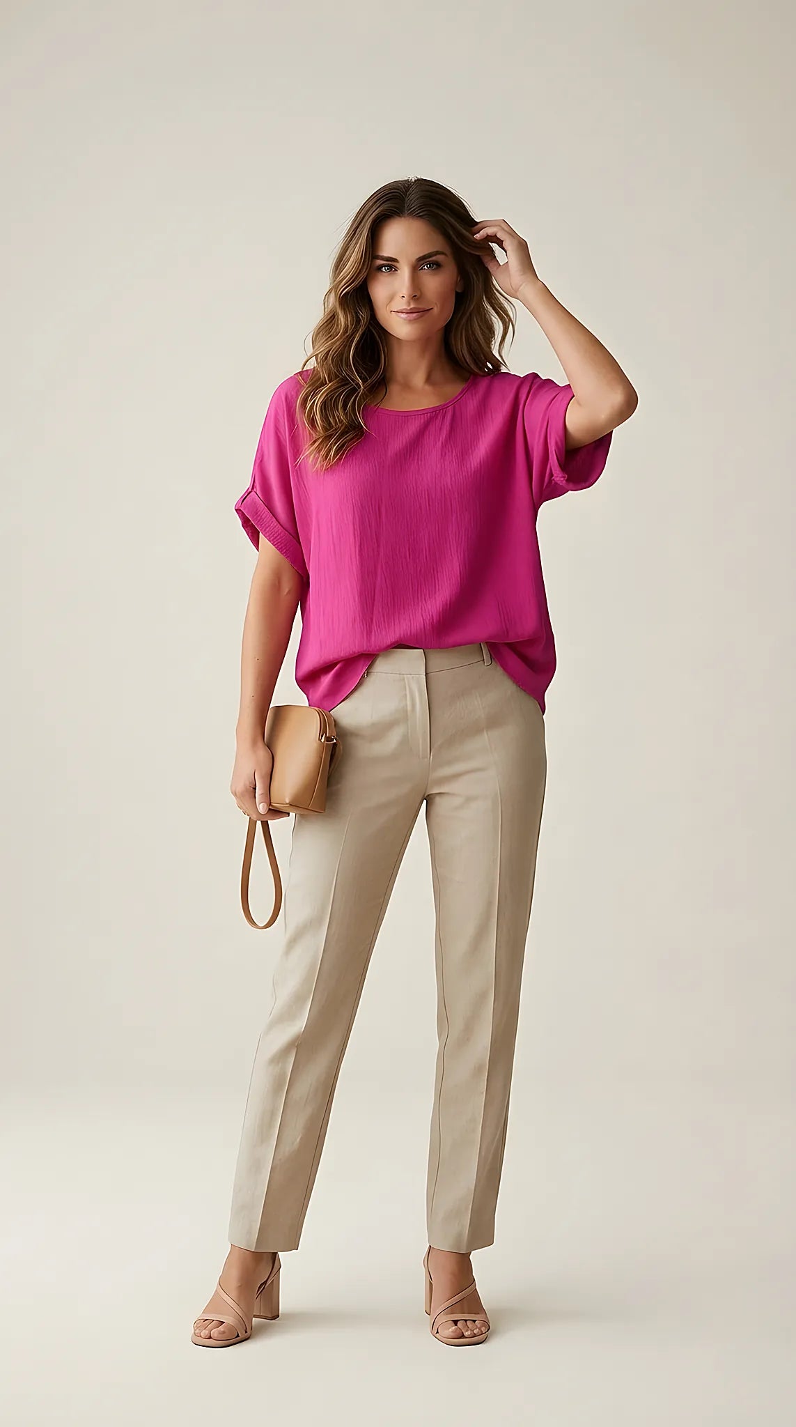 Bluză damă casual fucsia cu mânecă scurtă suflecată și croială lejeră, top de vară din vâscoză