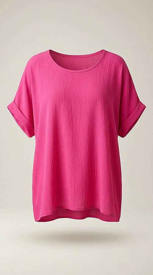 Bluză damă casual fucsia cu mânecă scurtă suflecată și croială lejeră, top de vară din vâscoză