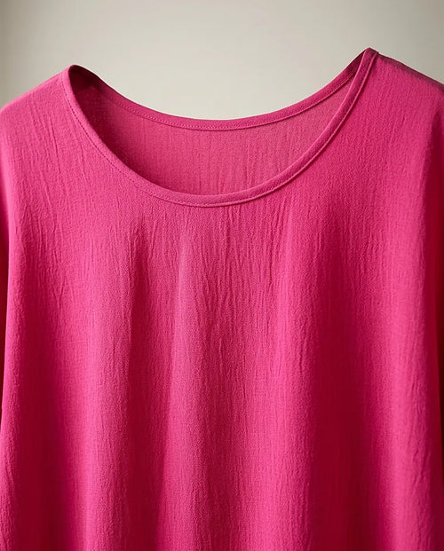 Bluză damă casual fucsia cu mânecă scurtă suflecată și croială lejeră, top de vară din vâscoză