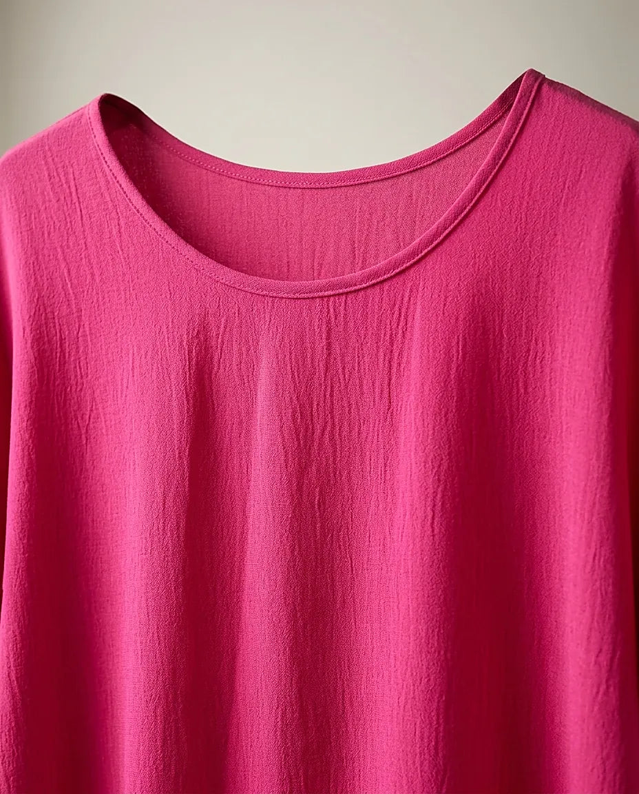 Bluză damă casual fucsia cu mânecă scurtă suflecată și croială lejeră, top de vară din vâscoză