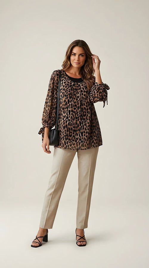 Bluză damă elegantă cu imprimeu leopard, mâneci lungi cu șnur decorativ și dublură neagră