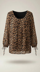 Bluză damă elegantă cu imprimeu leopard, mâneci lungi cu șnur decorativ și dublură neagră