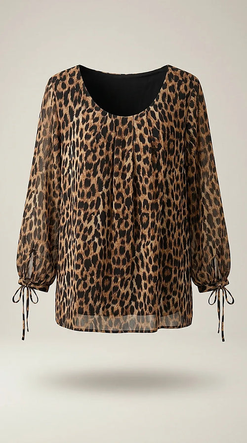 Bluză damă elegantă cu imprimeu leopard, mâneci lungi cu șnur decorativ și dublură neagră