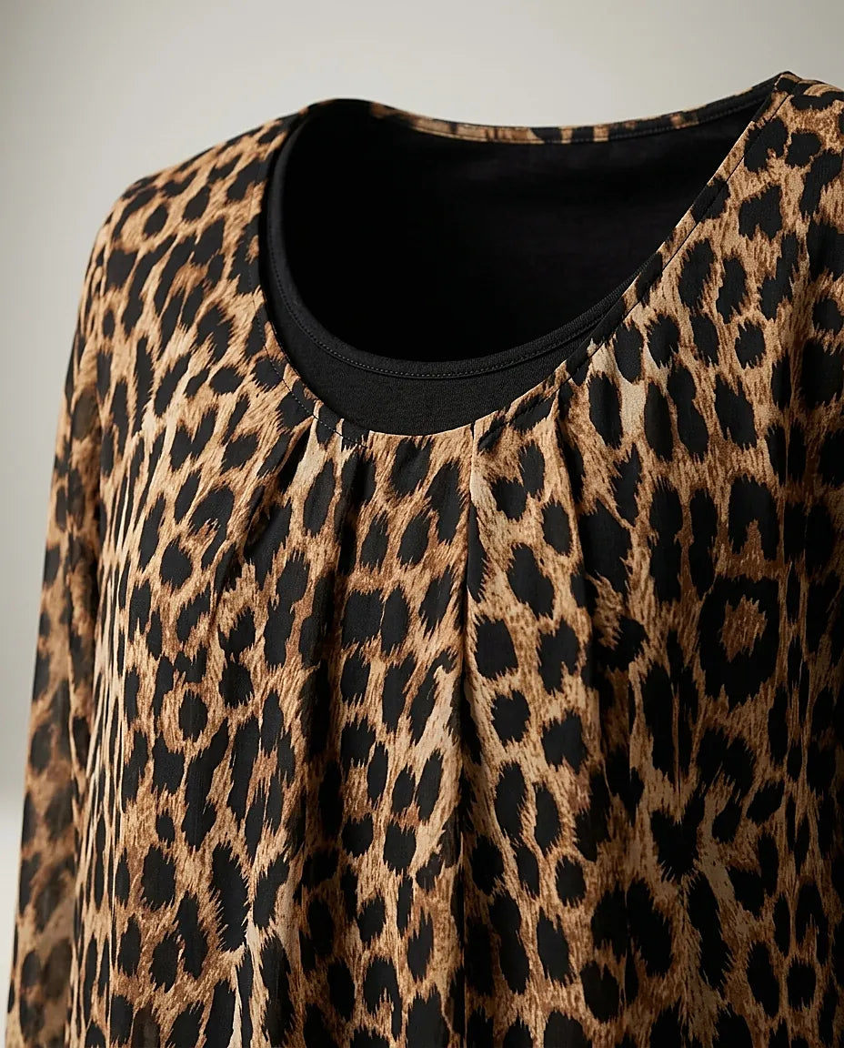 Bluză damă elegantă cu imprimeu leopard, mâneci lungi cu șnur decorativ și dublură neagră