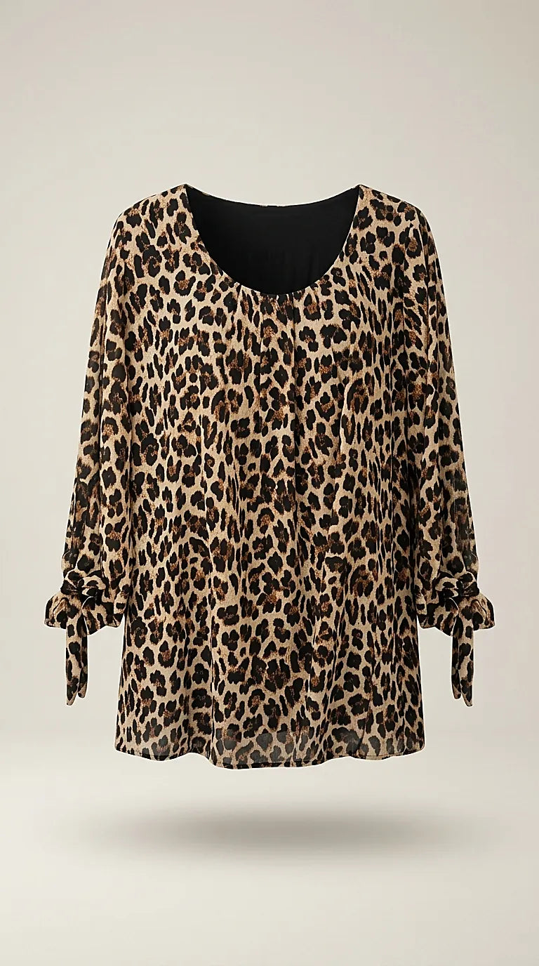 Bluză damă elegantă cu imprimeu leopard print, mâneci lungi cu noduri la manșete, decolteu rotund, stil casual-chic | Mira Style