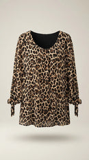 Bluză damă elegantă cu imprimeu leopard print, mâneci lungi cu noduri la manșete, decolteu rotund, stil casual-chic