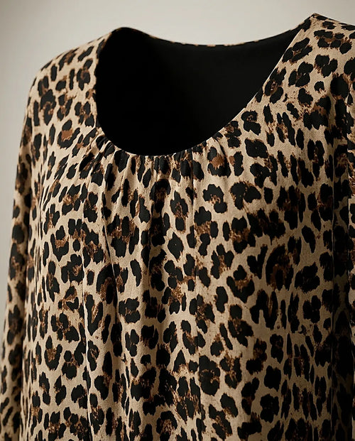 Bluză damă elegantă cu imprimeu leopard print, mâneci lungi cu noduri la manșete, decolteu rotund, stil casual-chic