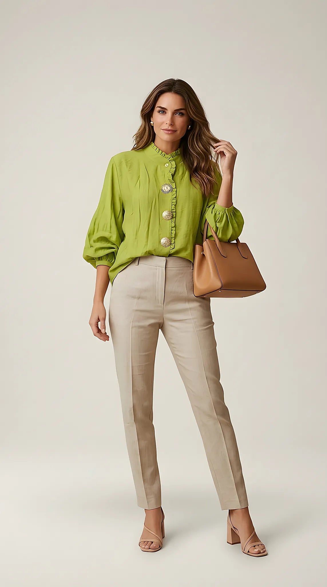 Bluză damă elegantă verde lime cu guler înalt și volane, nasturi decorativi aurii și broșă soare | Mira Style