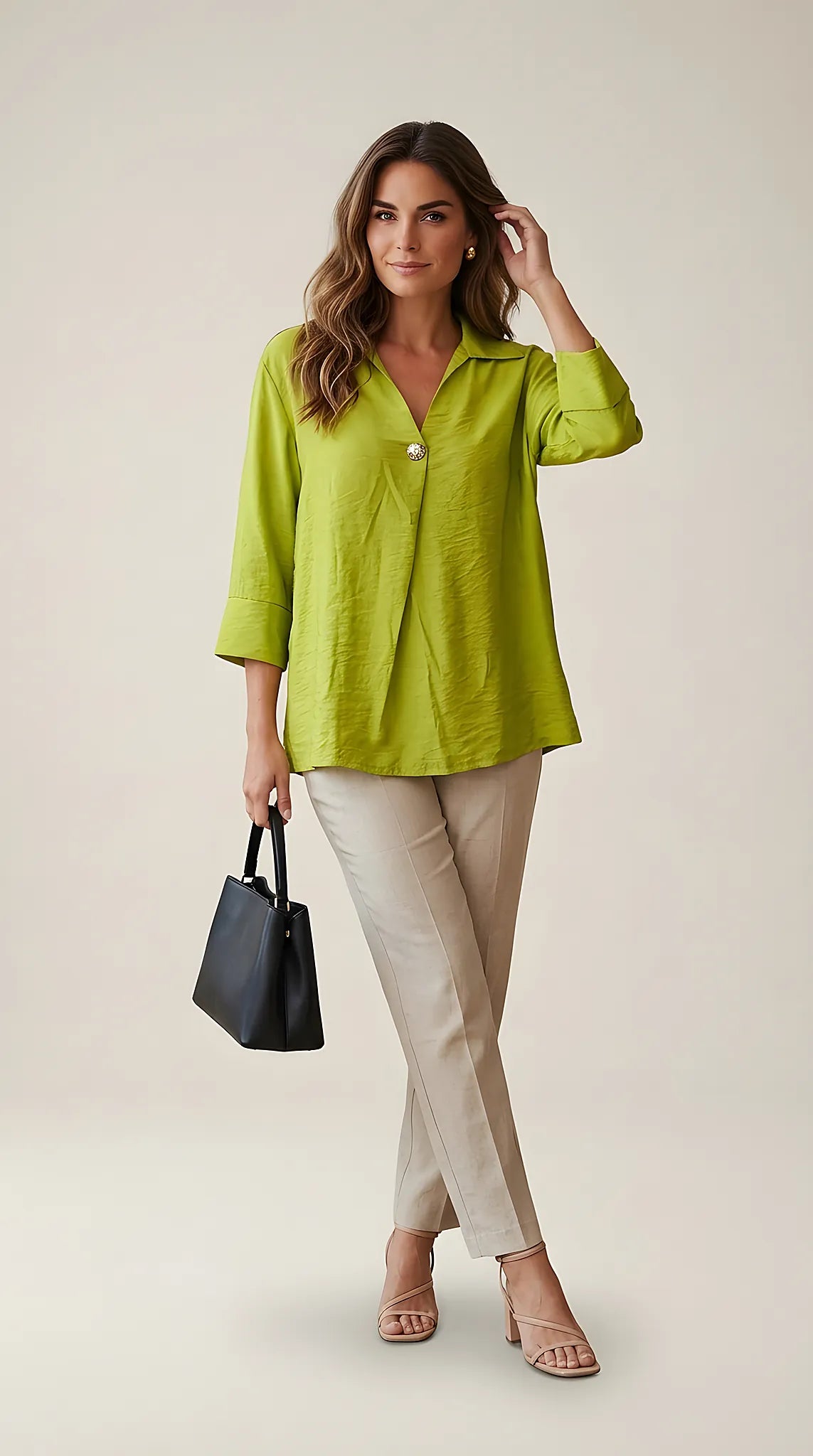 Bluză damă elegantă verde lime cu guler, nasture decorativ tip bijuterie și mâneci trei sferturi | Mira Style