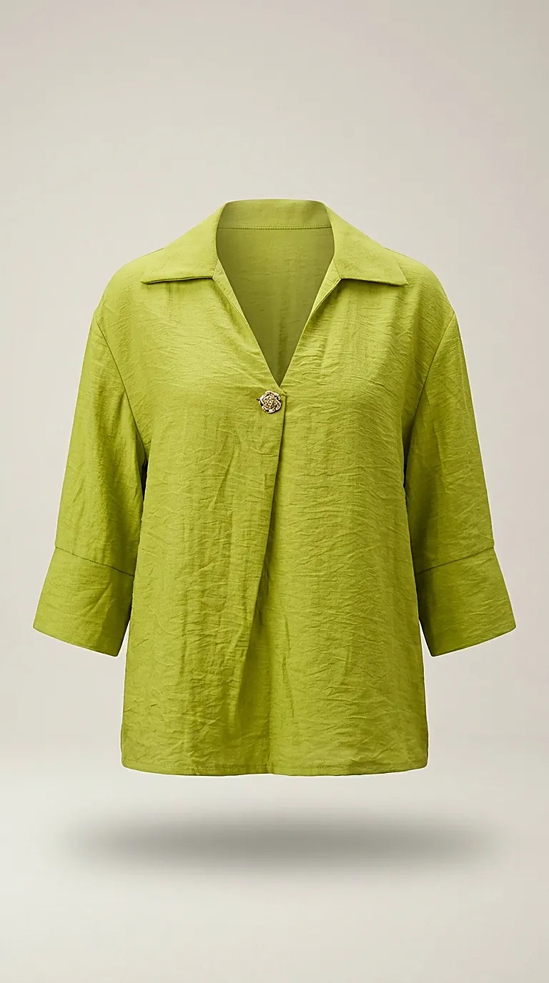 Bluză damă elegantă verde lime cu guler, nasture decorativ tip bijuterie și mâneci trei sferturi | Mira Style