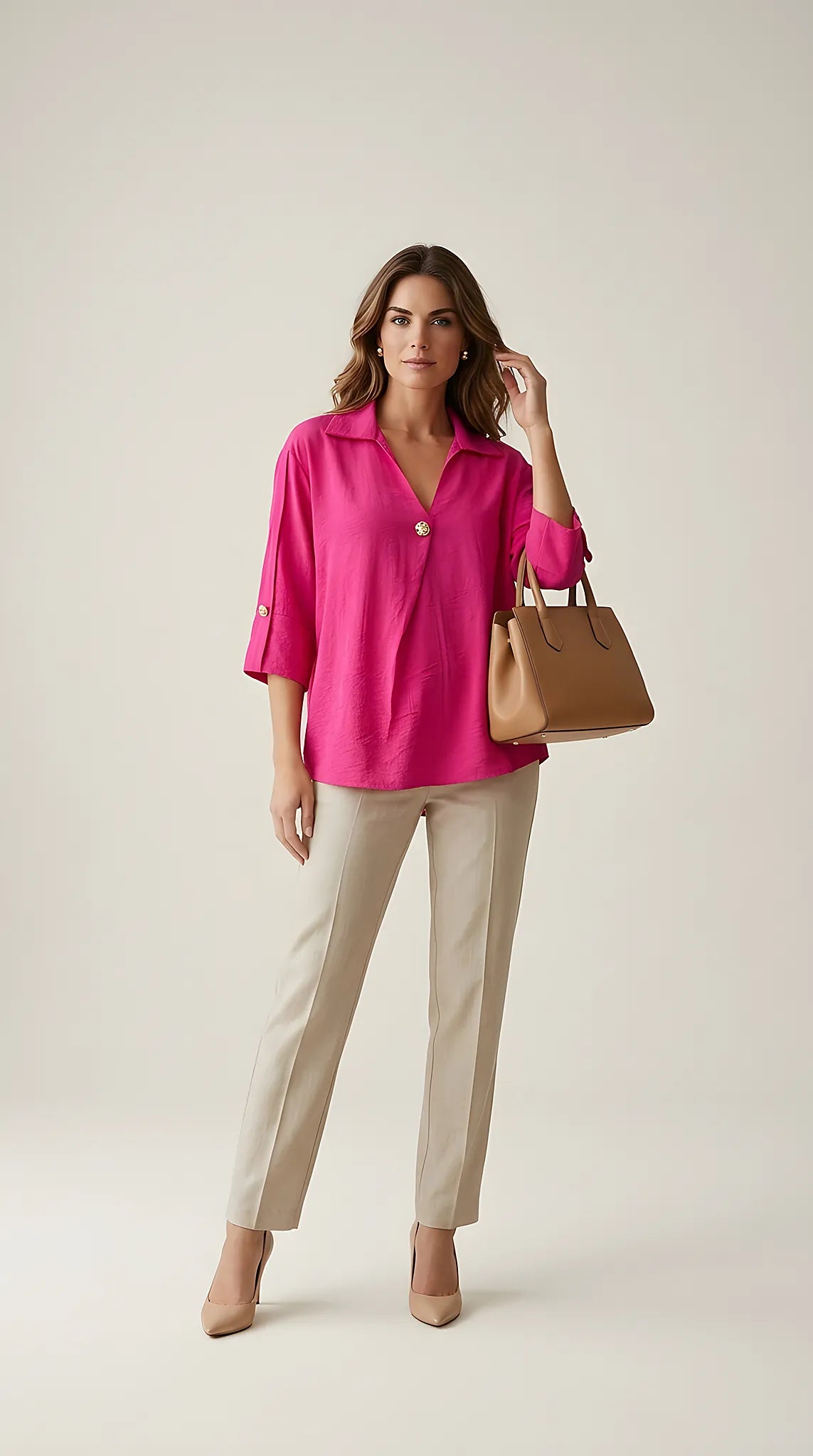 Bluză damă fucsia elegantă cu guler și mâneci trei sferturi, design petrecut cu nasture auriu decorativ, colecția italia moda | Mira Style