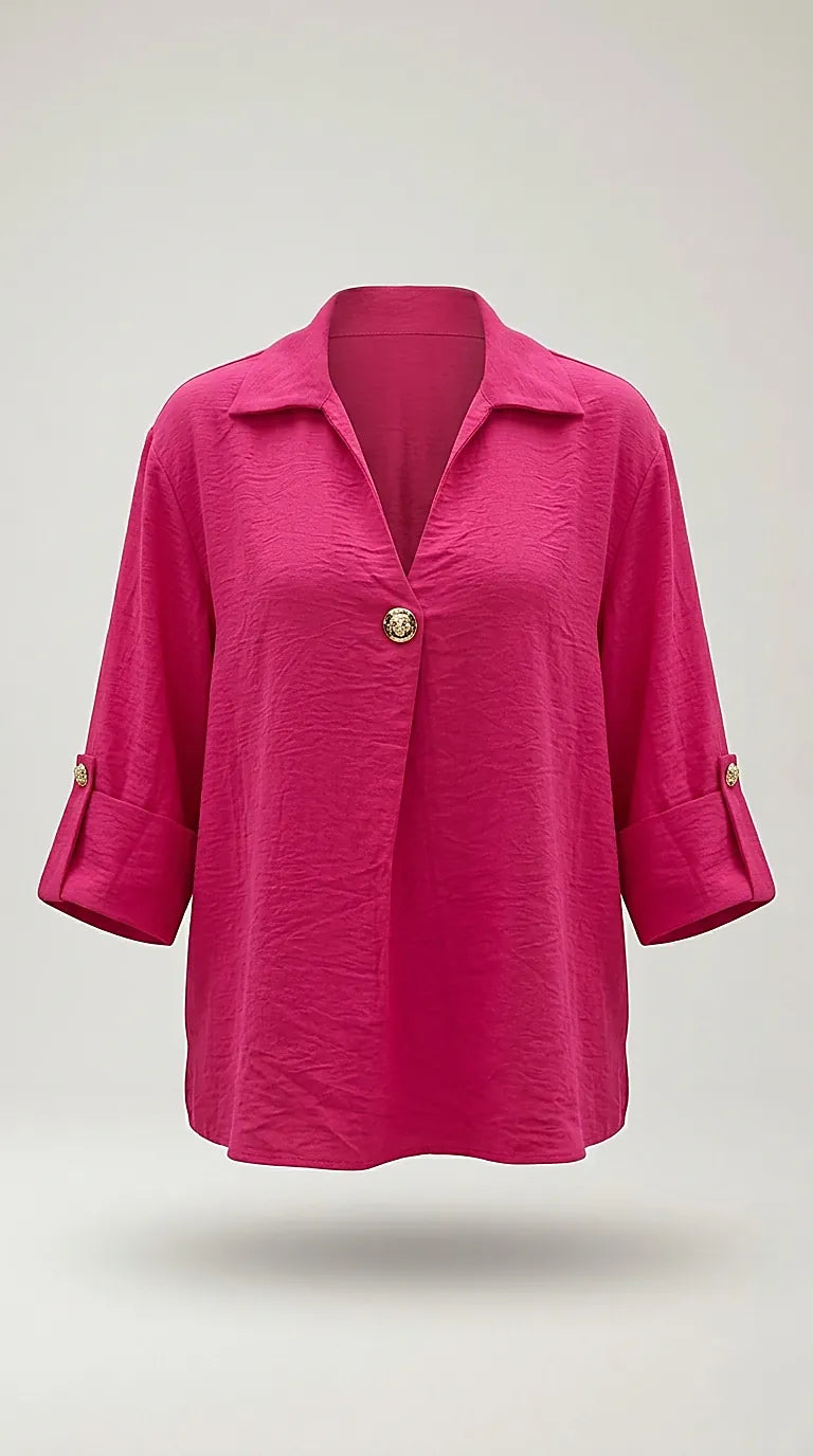 Bluză damă fucsia elegantă cu guler și mâneci trei sferturi, design petrecut cu nasture auriu decorativ, colecția italia moda | Mira Style