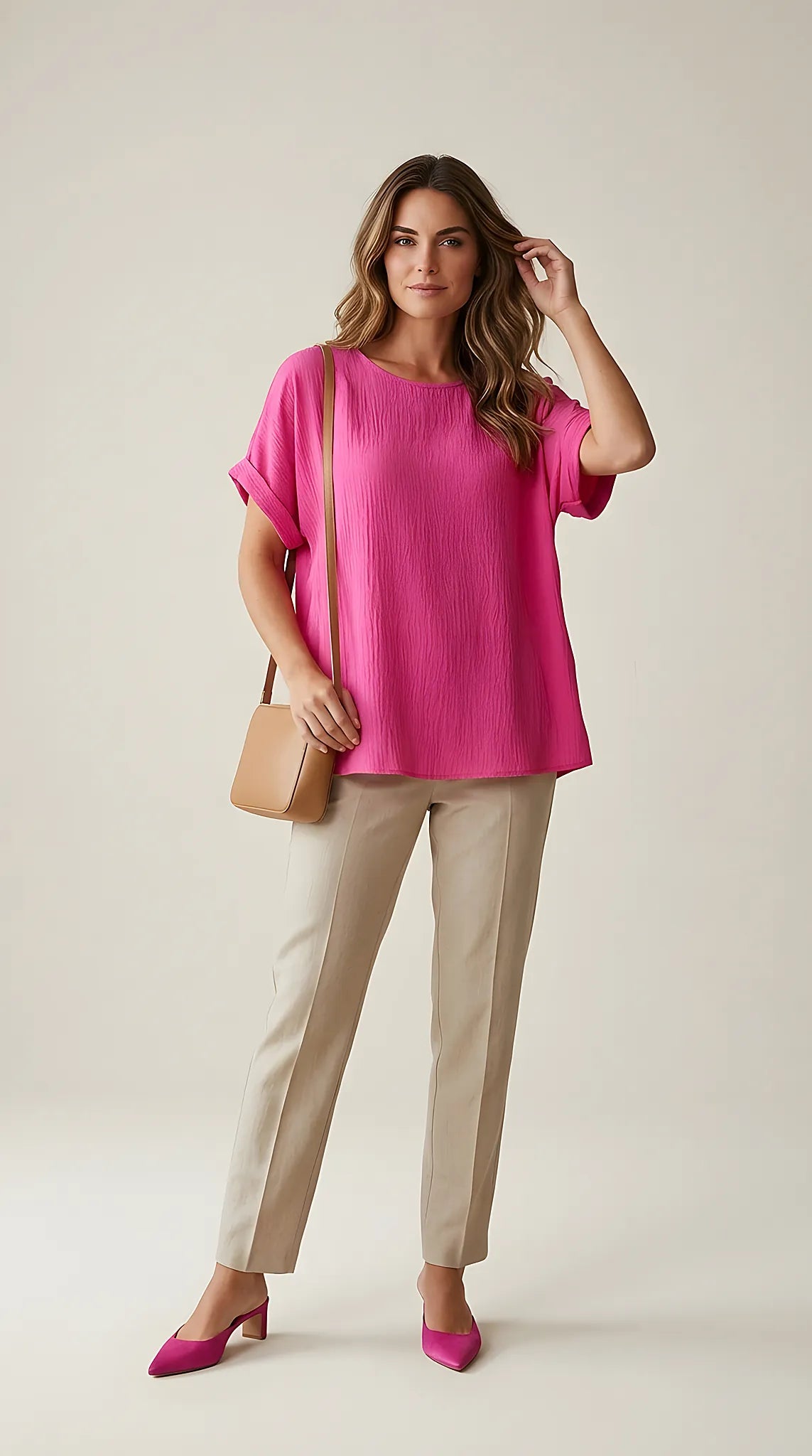 Bluză damă roz fucsia din vâscoză creponată, model lejer cu mâneci scurte suflecate și decolteu rotund, stil casual-elegant