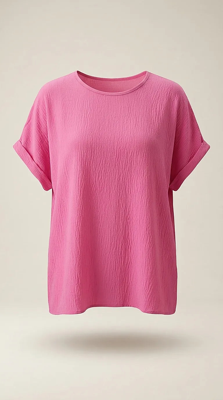 Bluză damă roz fucsia din viscoză creponata, model lejer cu mâneci scurte suflecate si decolteu rotund, stil casual-elegant | Mira Style