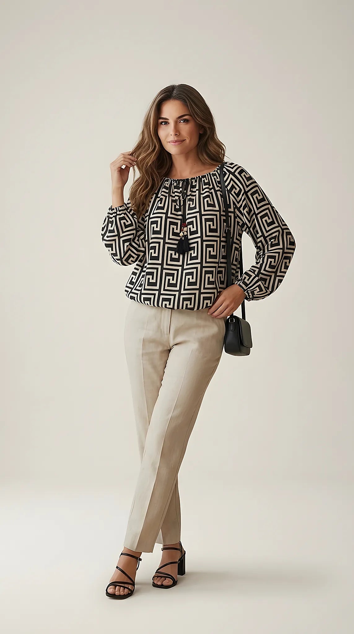 Bluză damă stil boho-chic cu imprimeu geometric grecian, mâneci lungi și decolteu cu șnur și ciucuri