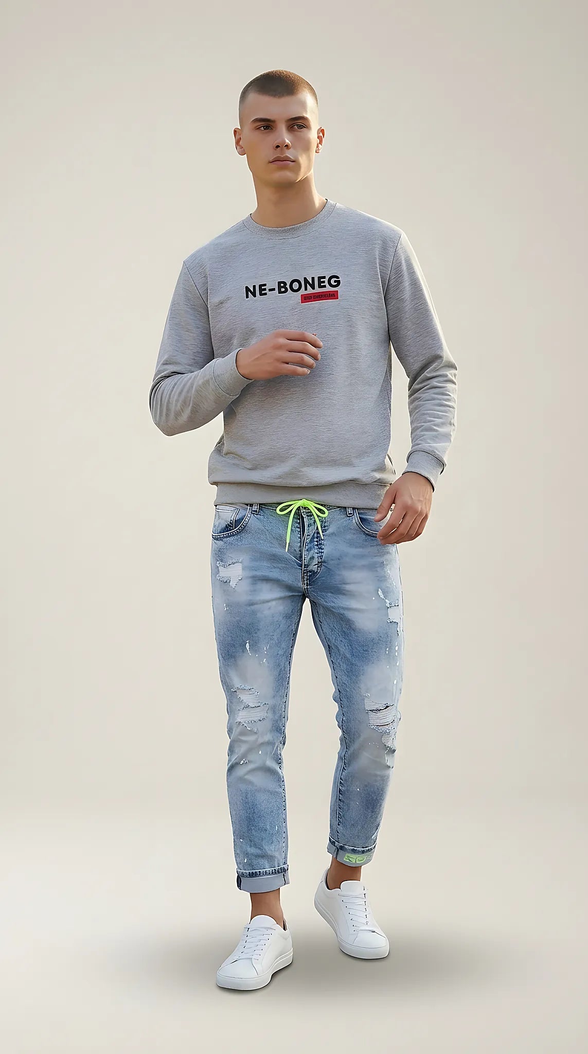 Bluză de bărbați gri melanj ne-boneg cu guler rotund și imprimeu text, din amestec de bumbac, stil casual-urban | Mira Style