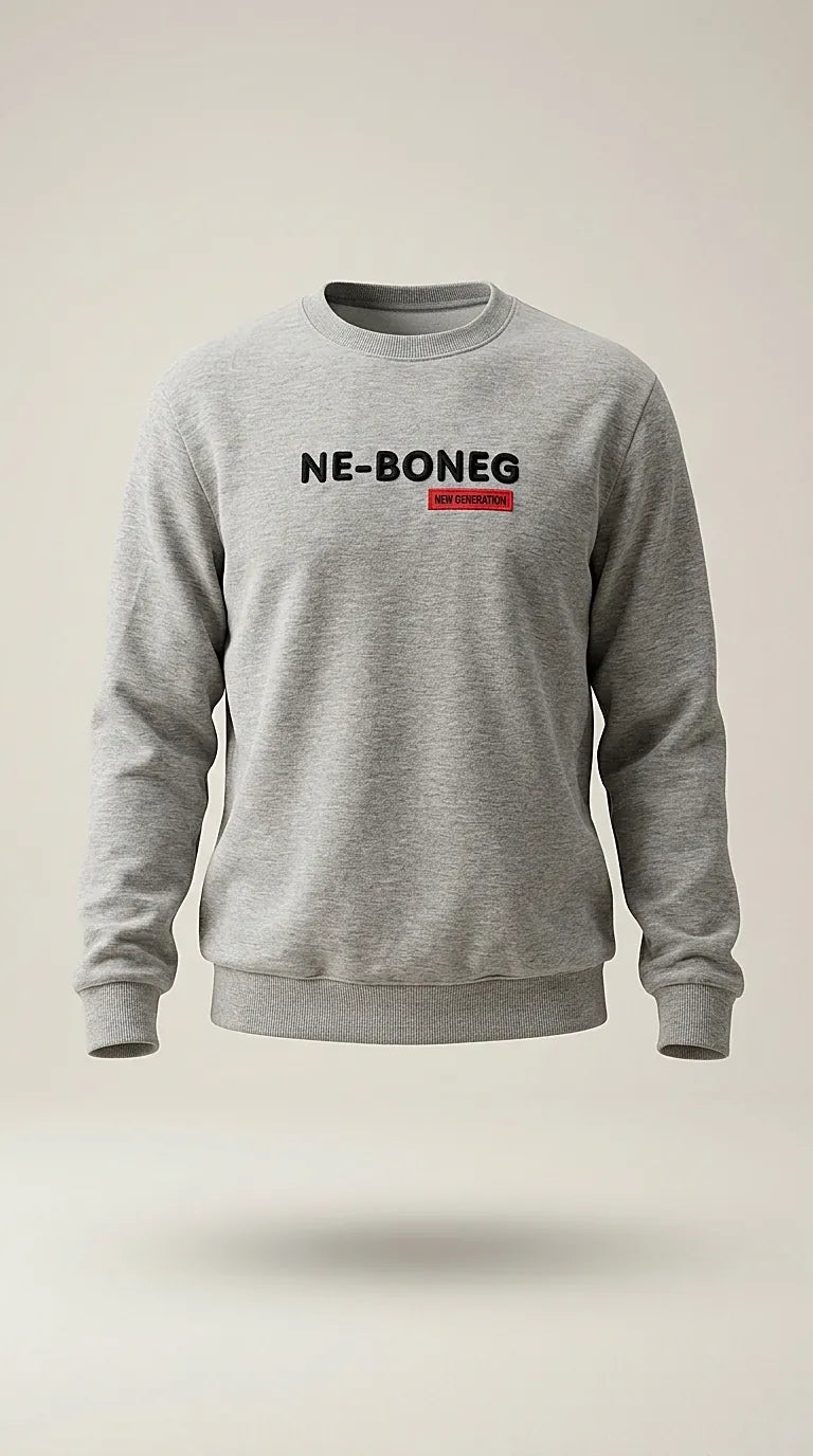 Bluză de bărbați gri melanj ne-boneg cu guler rotund și imprimeu text, din amestec de bumbac, stil casual-urban | Mira Style
