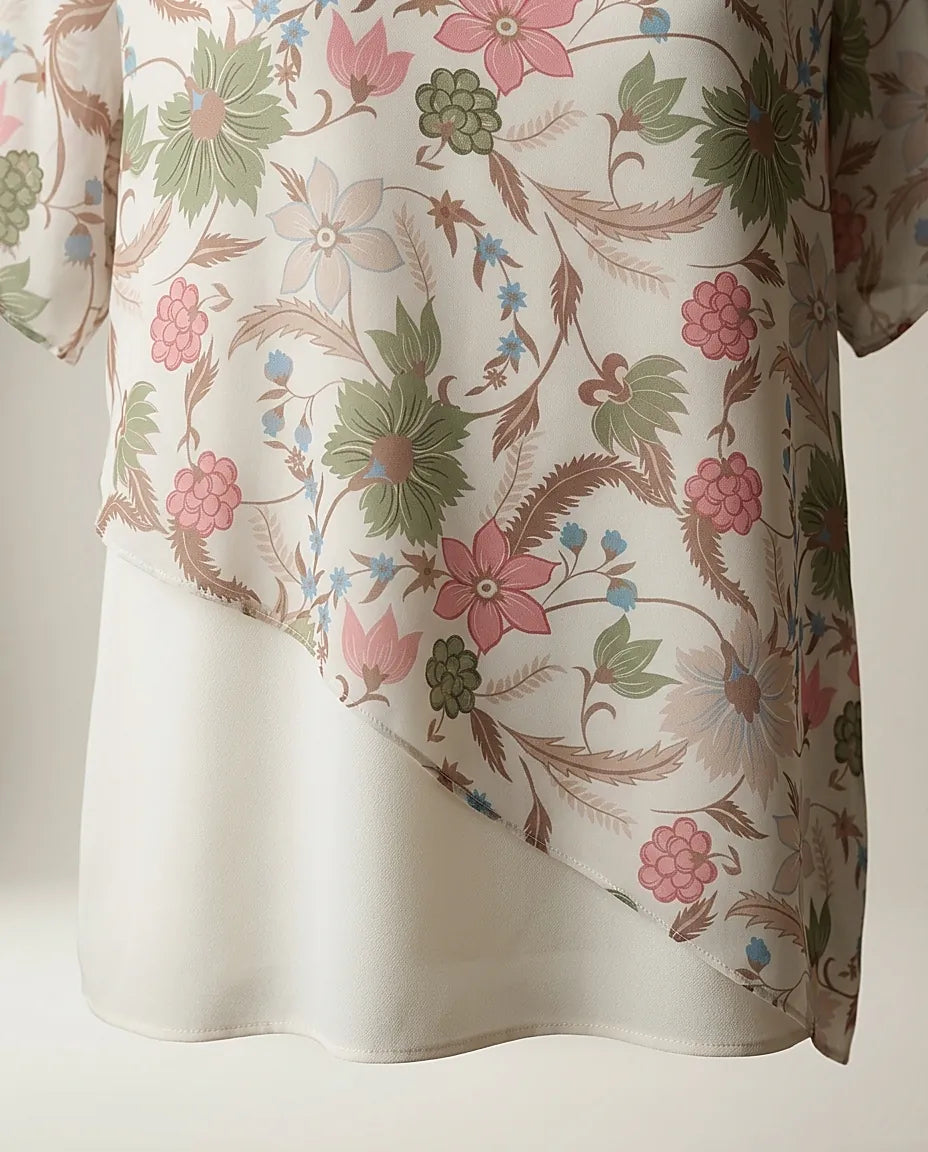 Bluză de damă albă cu imprimeu floral multicolor în nuanțe de roz și verde, mânecă scurtă și design asimetric suprapus