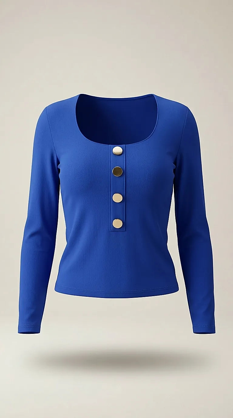 Bluză de damă albastru royal cu mânecă lungă și nasturi decorativi aurii, stil casual-elegant | Mira Style