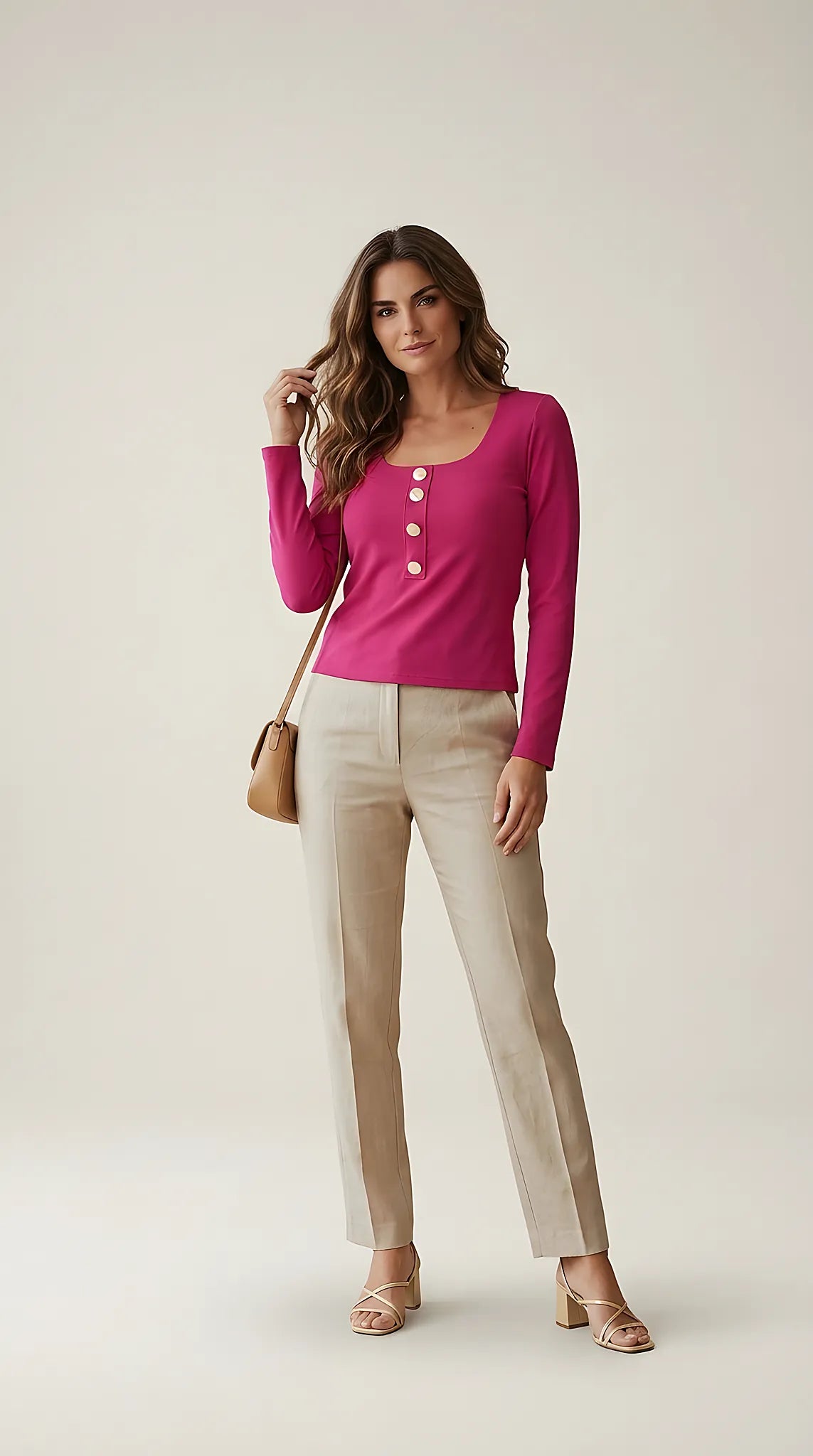 Bluză de damă roz fucsia cu mânecă lungă și nasturi metalici decorativi, decolteu rotunjit, stil casual-chic