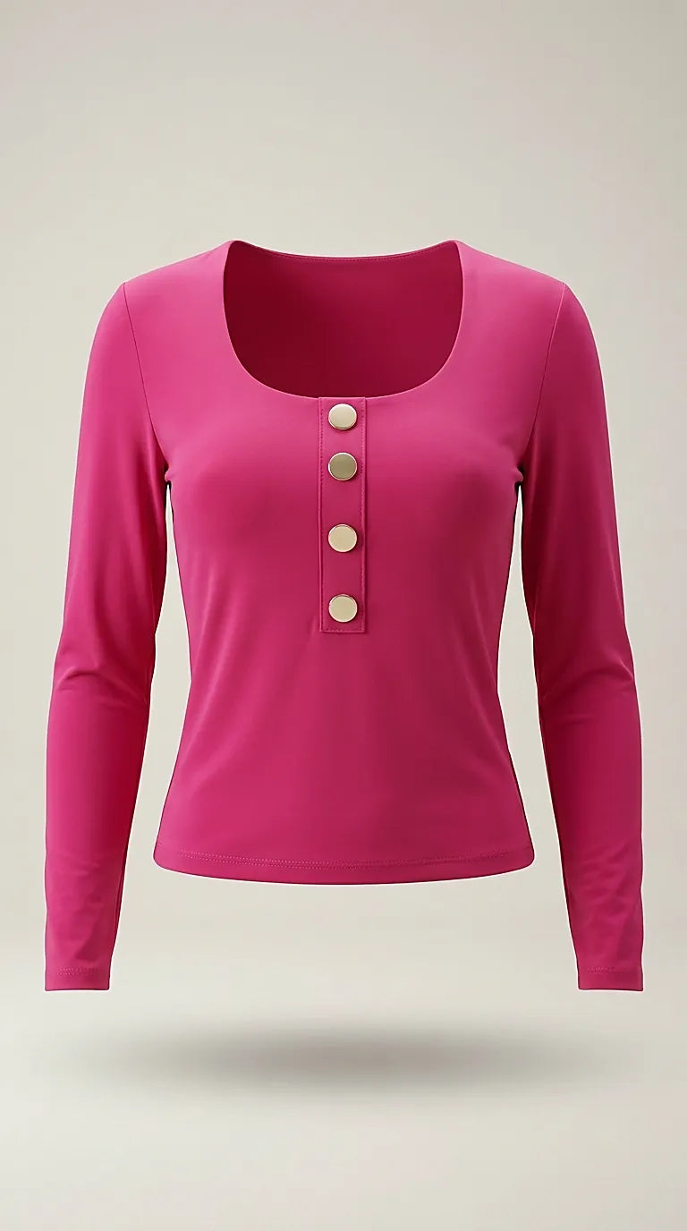 Bluză de damă roz fuchsia cu mânecă lungă și nasturi metalici decorativi, decolteu rotunjit, stil casual-chic | Mira Style