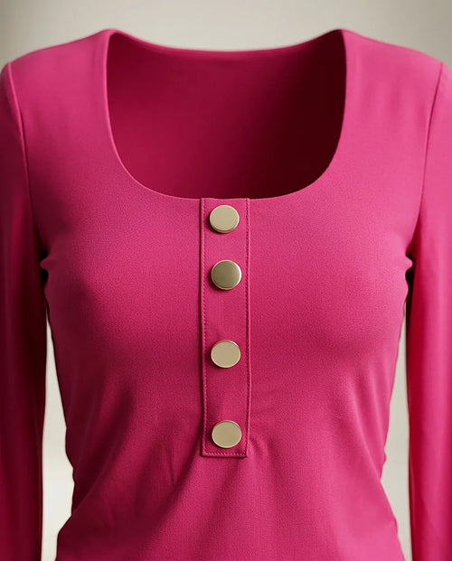 Bluză de damă roz fucsia cu mânecă lungă și nasturi metalici decorativi, decolteu rotunjit, stil casual-chic