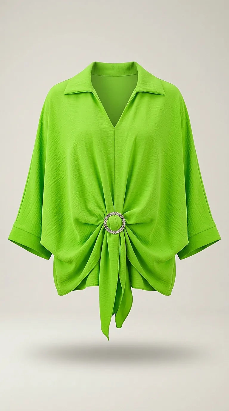 Bluză elegantă damă verde lime cu guler, decolteu in v si catarama decorativa cu strasuri | Mira Style