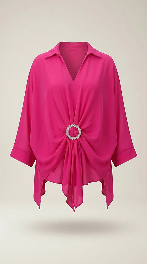 Bluză elegantă fucsia cu design petrecut, cataramă decorativă cu cristale și guler tip cămașă