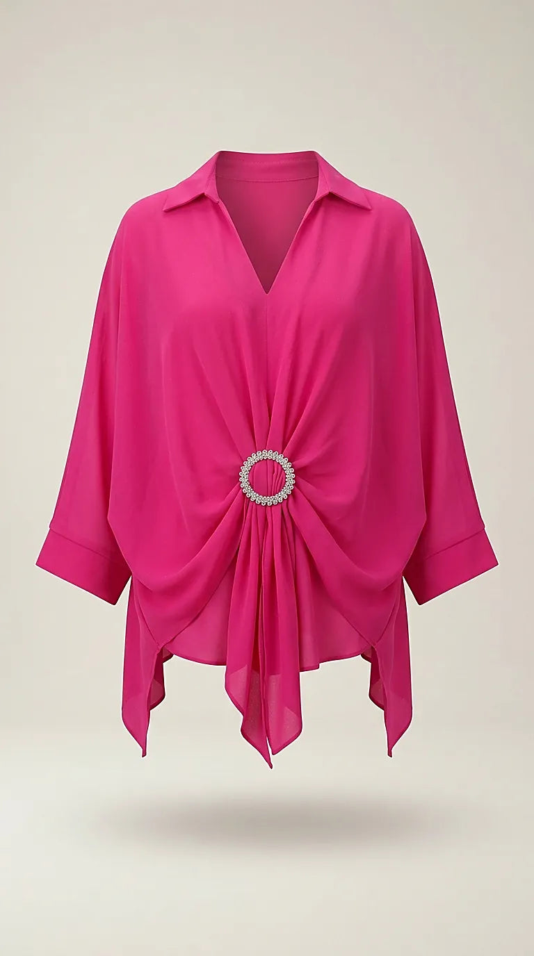 Bluză elegantă fucsia cu design petrecut, cataramă decorativă cu cristale și guler tip cămașă