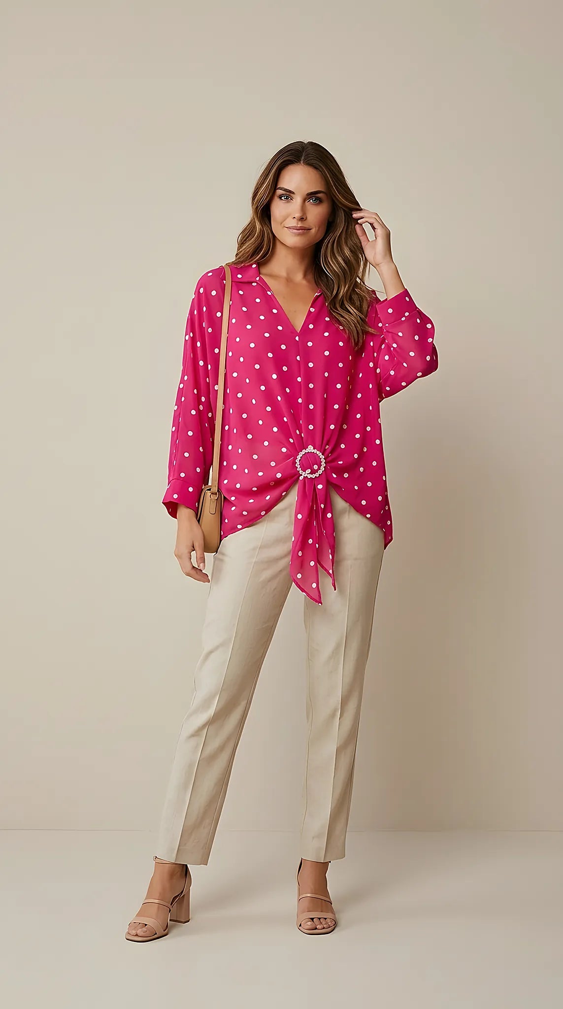 Bluză fucsia elegantă cu buline albe și cataramă decorativă la nivelul taliei, mânecă lungă, stil casual-chic